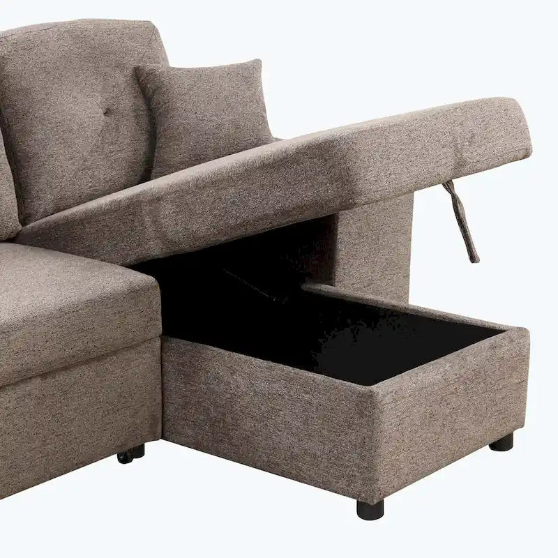 Canapé d'angle moderne réversible 3 places, avec méridienne de rangement et 2 poufs
