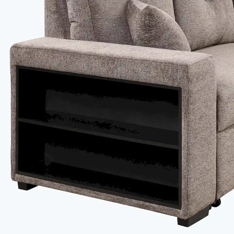 Canapé d'angle moderne réversible 3 places, avec méridienne de rangement et 2 poufs