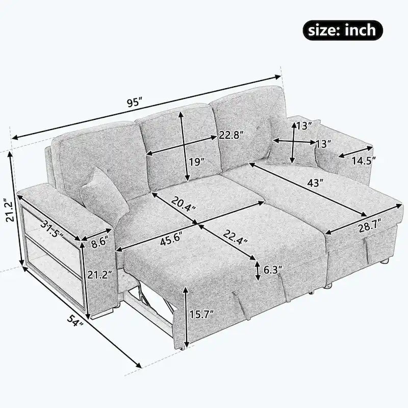 Canapé d'angle moderne réversible 3 places, avec méridienne de rangement et 2 poufs