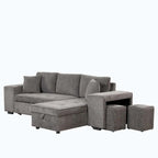 Canapé d'angle moderne réversible 3 places, avec méridienne de rangement et 2 poufs