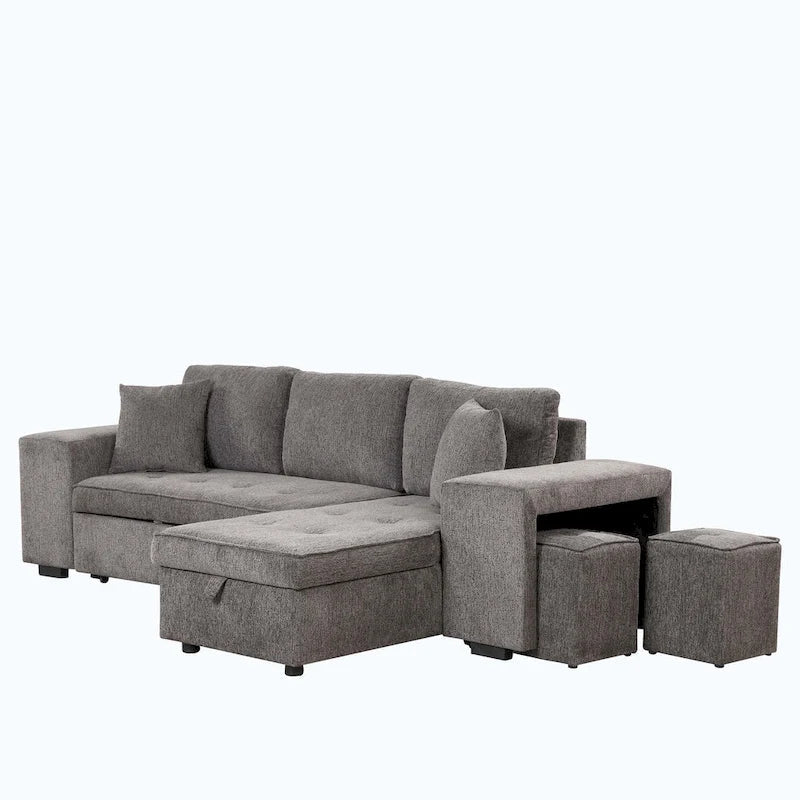 Canapé d'angle moderne réversible 3 places, avec méridienne de rangement et 2 poufs