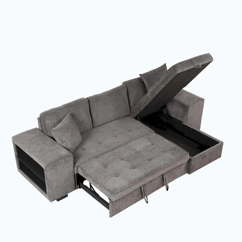 Canapé d'angle moderne réversible 3 places, avec méridienne de rangement et 2 poufs