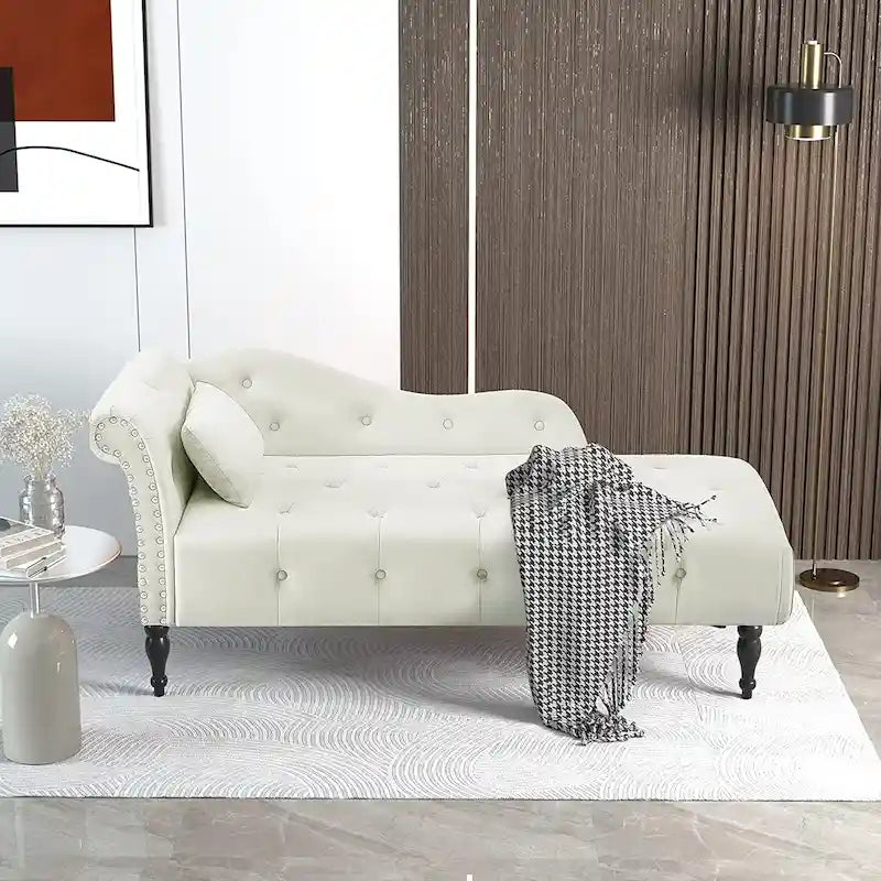61 Velvet Chaise Lounge Chair with 1 Pillow and Nailhead Trimmed