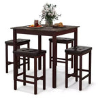 Costway Ensemble de Table de Bar 5 Pièces, Table à Manger Carrée et 4 Tabourets de Bar Rembourrés en Cuir PVC Marron/Blanc