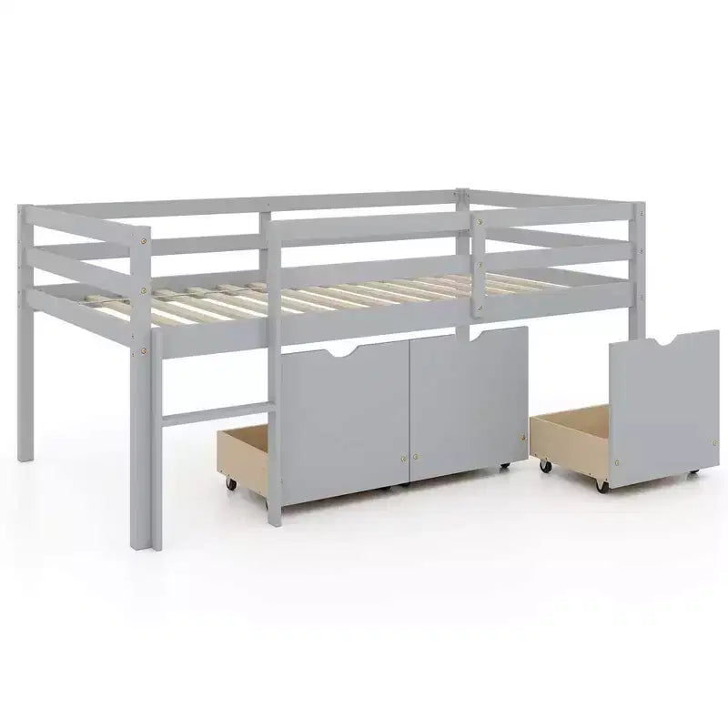 Lit mezzanine bas simple Costway avec 3 tiroirs, échelle et barrières de sécurité pleine longueur, rangement, blanc/gris