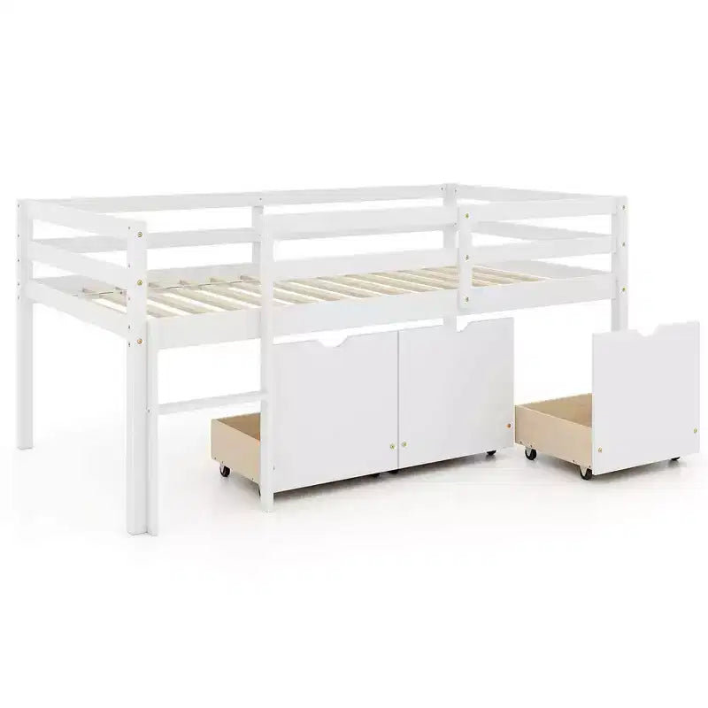 Lit mezzanine bas simple Costway avec 3 tiroirs, échelle et barrières de sécurité pleine longueur, rangement, blanc/gris