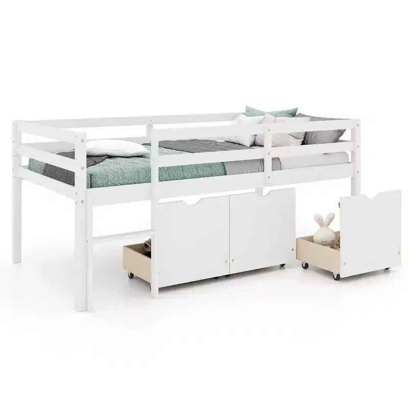 Lit mezzanine bas simple Costway avec 3 tiroirs, échelle et barrières de sécurité pleine longueur, rangement, blanc/gris
