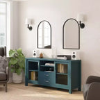 Flash Furniture Dion Buffet Moderne pour Cuisine et Salle à Manger, en Bois Usiné avec 2 Portes en Verre Trempé, 2 Tiroirs, Étagère Ouverte