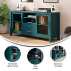 Flash Furniture Dion Buffet Moderne pour Cuisine et Salle à Manger, en Bois Usiné avec 2 Portes en Verre Trempé, 2 Tiroirs, Étagère Ouverte