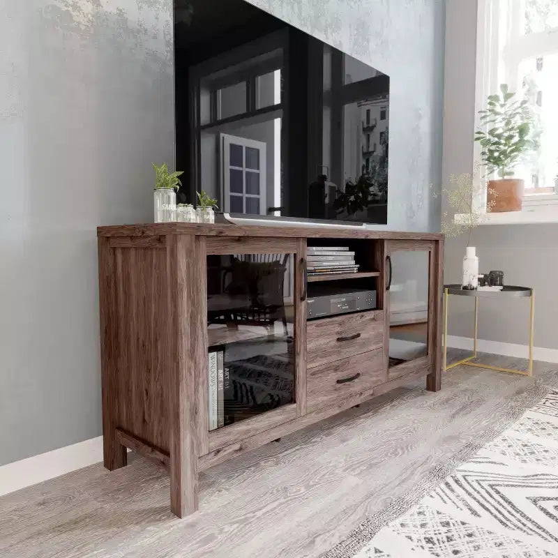 Flash Furniture Dion Buffet Moderne pour Cuisine et Salle à Manger, en Bois Usiné avec 2 Portes en Verre Trempé, 2 Tiroirs, Étagère Ouverte