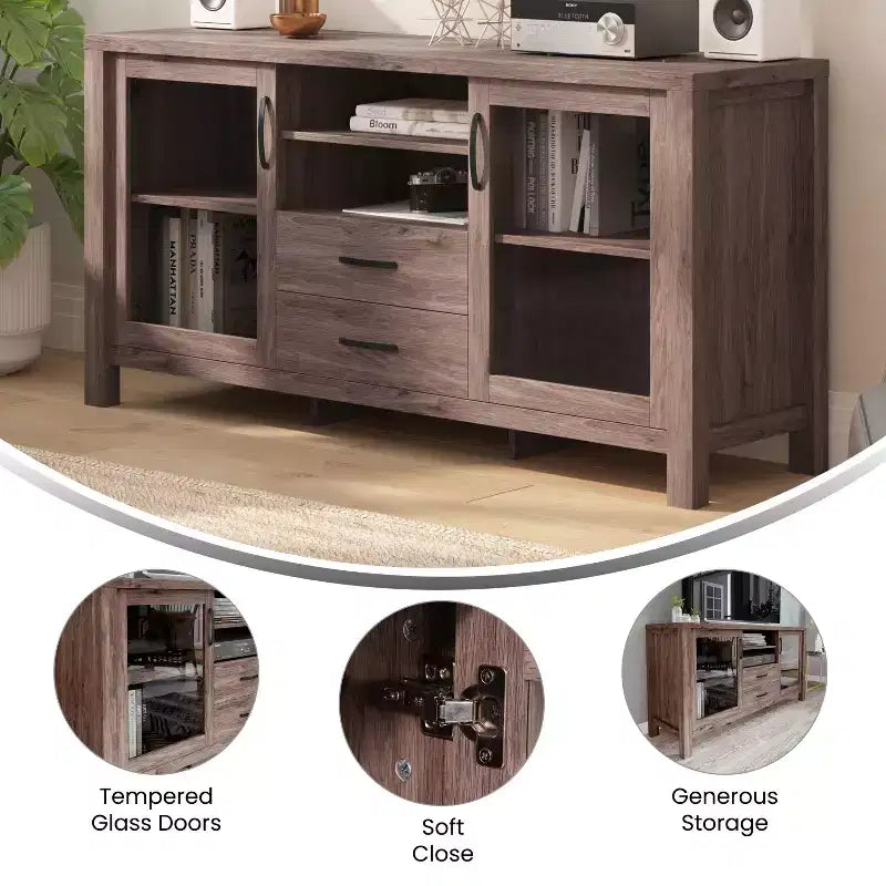 Flash Furniture Dion Buffet Moderne pour Cuisine et Salle à Manger, en Bois Usiné avec 2 Portes en Verre Trempé, 2 Tiroirs, Étagère Ouverte