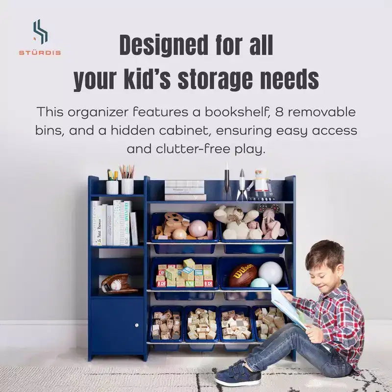 Organisateur de rangement de jouets Sturdis pour enfants avec étagère à livres et 8 bacs de rangement