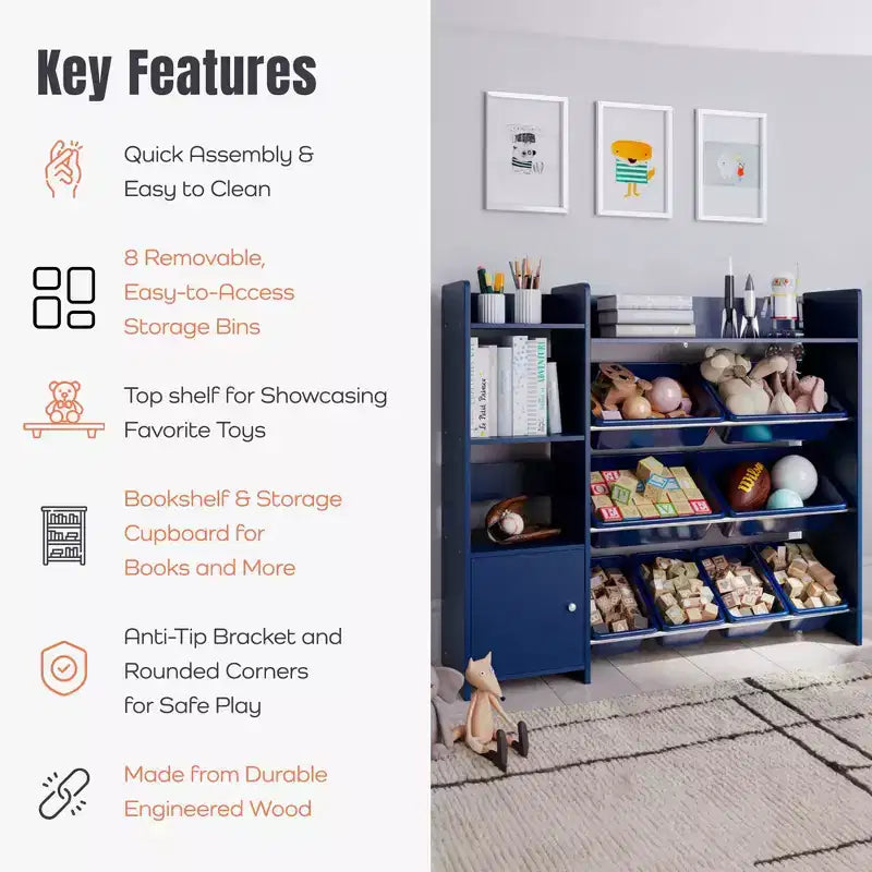 Organisateur de rangement de jouets Sturdis pour enfants avec étagère à livres et 8 bacs de rangement