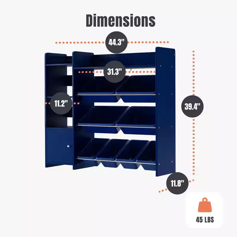 Organisateur de rangement de jouets Sturdis pour enfants avec étagère à livres et 8 bacs de rangement