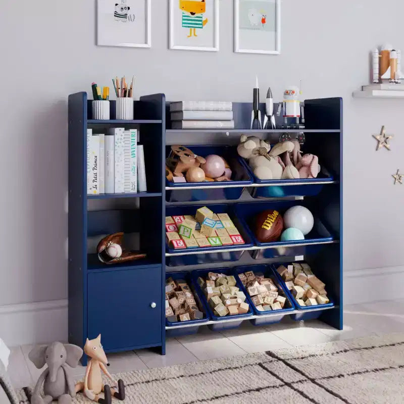 Organisateur de rangement de jouets Sturdis pour enfants avec étagère à livres et 8 bacs de rangement