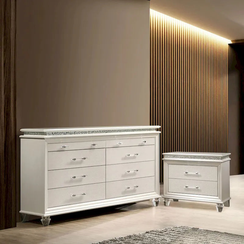 Ensemble deux pièces blanc de style transitionnel (table de chevet et commode)