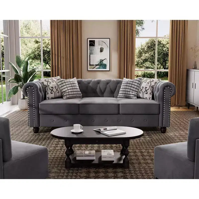 82 in. Chesterfield Rolled Arm Couch 3-Seater Removable Cushions Sofa in Gray-Morden Fort
