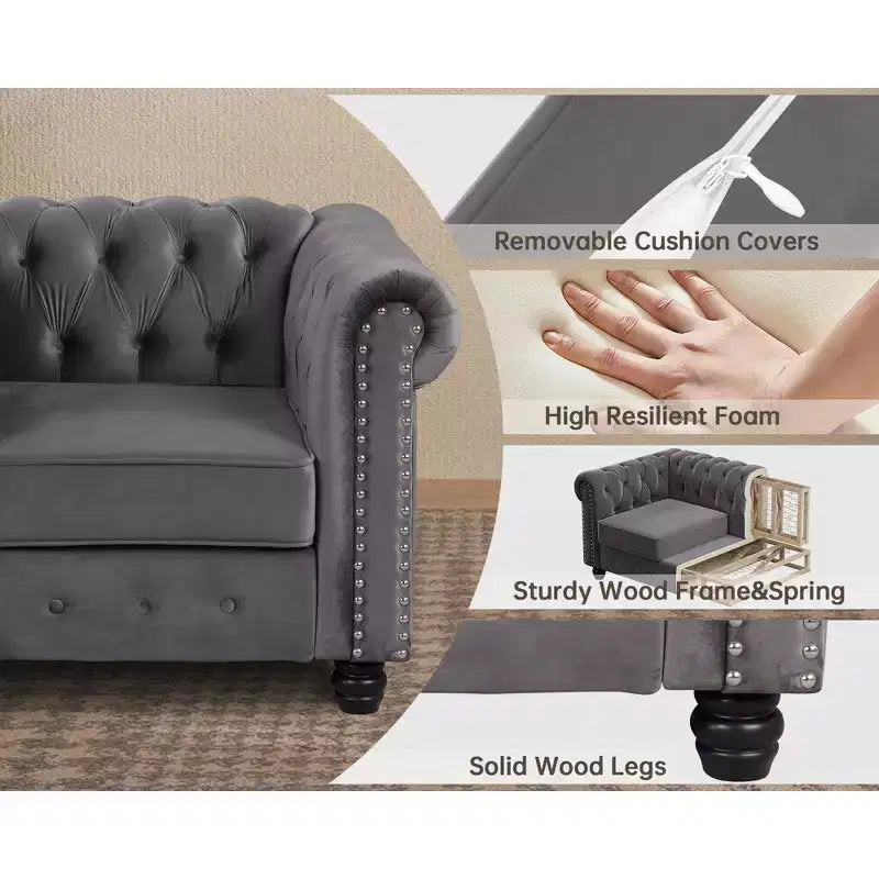 Canapé 3 places Chesterfield avec accoudoirs roulés de 82 po et coussins amovibles Gris – Morden Fort