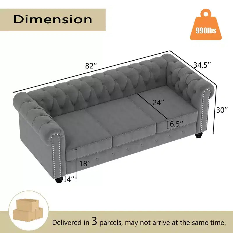 Canapé 3 places Chesterfield avec accoudoirs roulés de 82 po et coussins amovibles Gris – Morden Fort