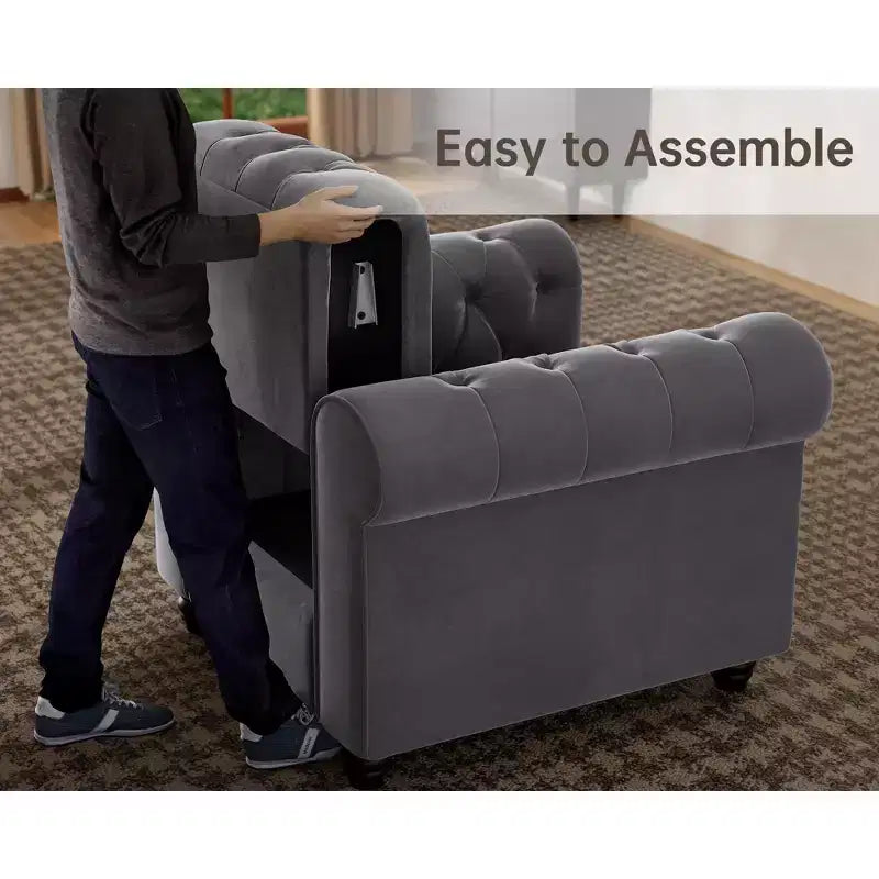 Canapé 3 places Chesterfield avec accoudoirs roulés de 82 po et coussins amovibles Gris – Morden Fort