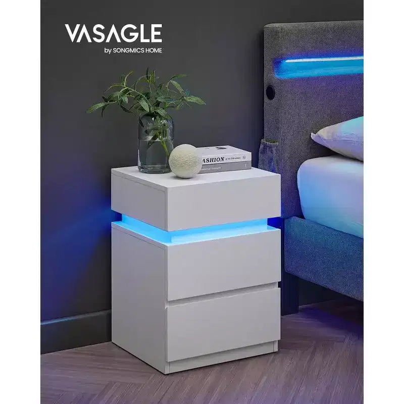 Table de chevet VASAGLE avec lumières LED, couleurs de lumière réglables, table de chevet, table d'appoint avec 3 tiroirs, 35 x 40 x 55 cm
