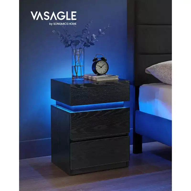 Table de chevet VASAGLE avec lumières LED, couleurs de lumière réglables, table de chevet, table d'appoint avec 3 tiroirs, 35 x 40 x 55 cm