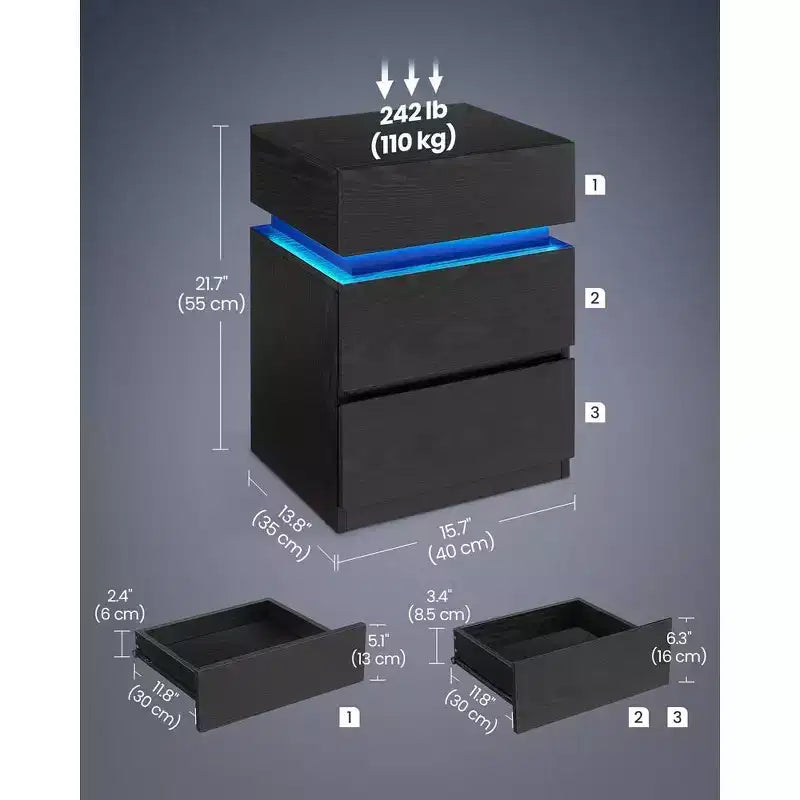 Table de chevet VASAGLE avec lumières LED, couleurs de lumière réglables, table de chevet, table d'appoint avec 3 tiroirs, 35 x 40 x 55 cm