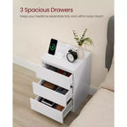 VASAGLE Table de chevet avec station de recharge, Table d'appoint avec 3 tiroirs, 2 prises secteur, 2 ports USB, Façades de tiroirs biseautées