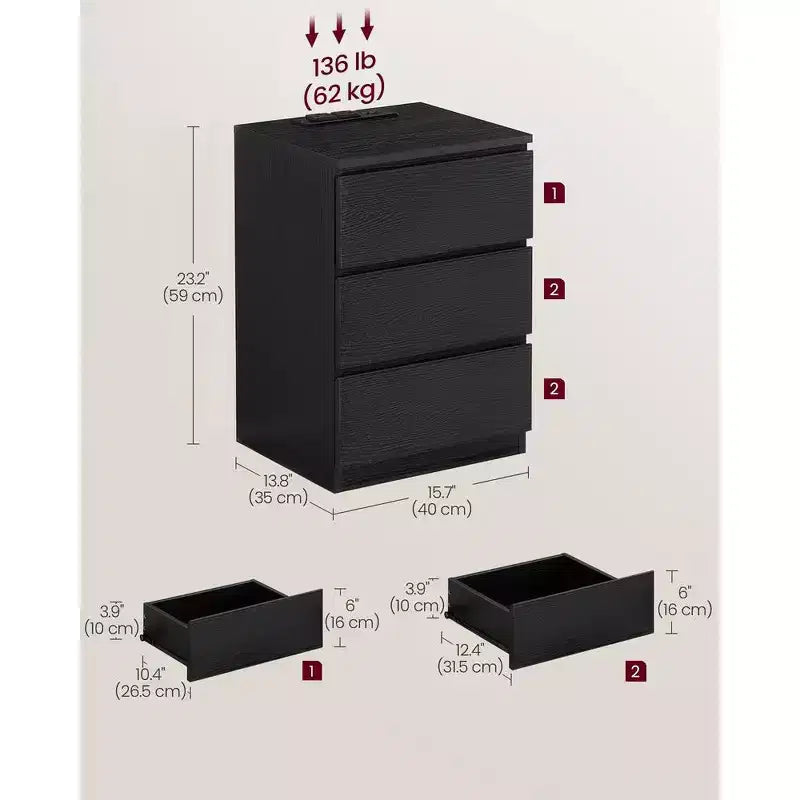 VASAGLE Table de chevet avec station de recharge, Table d'appoint avec 3 tiroirs, 2 prises secteur, 2 ports USB, Façades de tiroirs biseautées