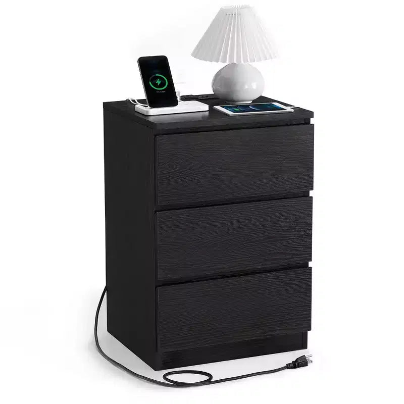 VASAGLE Nightstand with Charging Station, Bedside Table, Side End Table with 3 Drawers, 2 AC Outlets, 2 USB Ports, Beveled Drawer Fronts