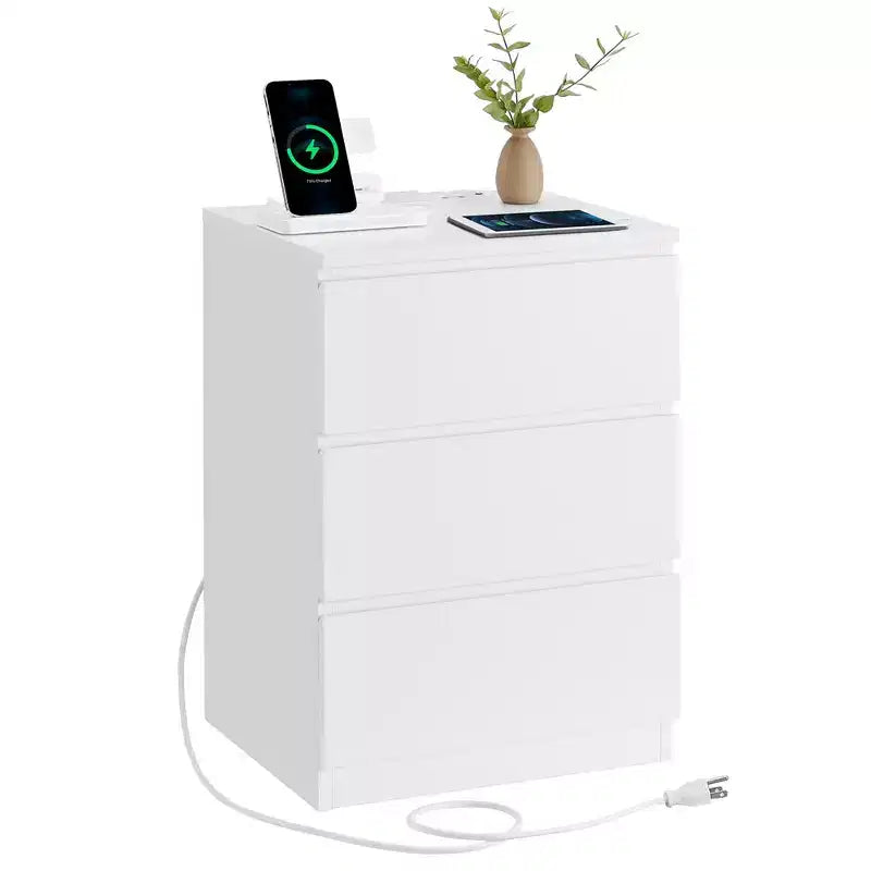 VASAGLE Table de chevet avec station de recharge, Table d'appoint avec 3 tiroirs, 2 prises secteur, 2 ports USB, Façades de tiroirs biseautées