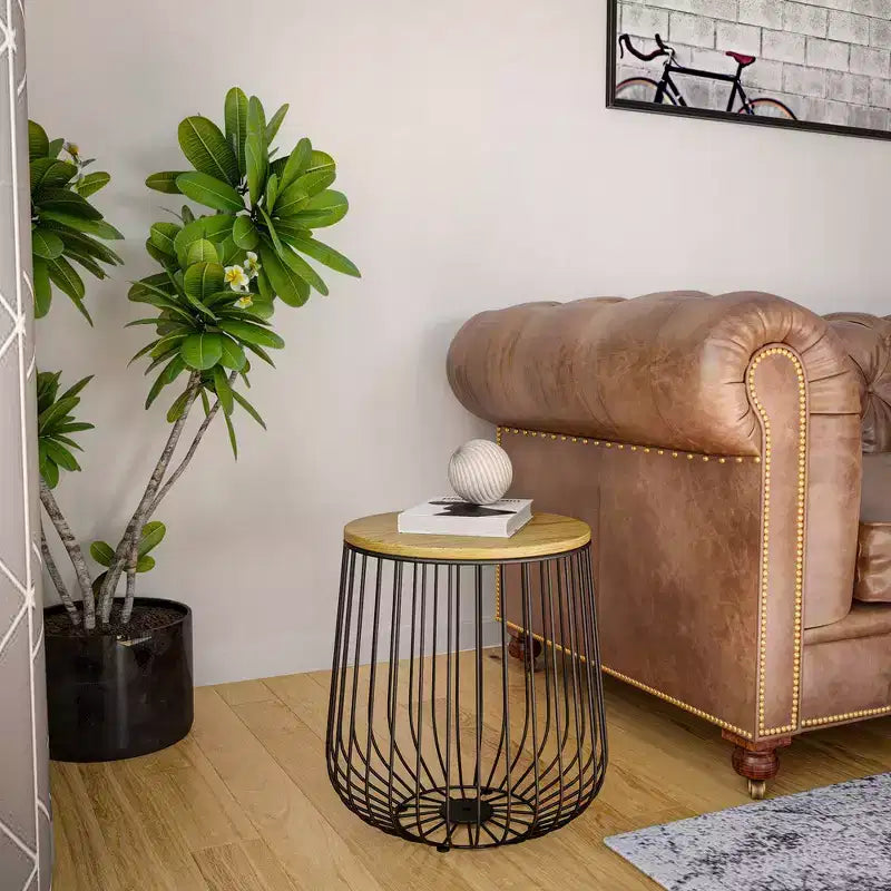 LeisureMod Runswick Table d'appoint moderne du milieu du siècle - Table d'appoint en bois et métal avec rangement à plateau relevable et compartiment caché