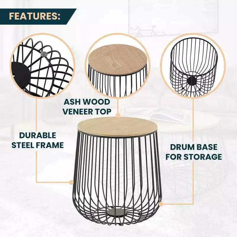 LeisureMod Runswick Table d'appoint moderne du milieu du siècle - Table d'appoint en bois et métal avec rangement à plateau relevable et compartiment caché