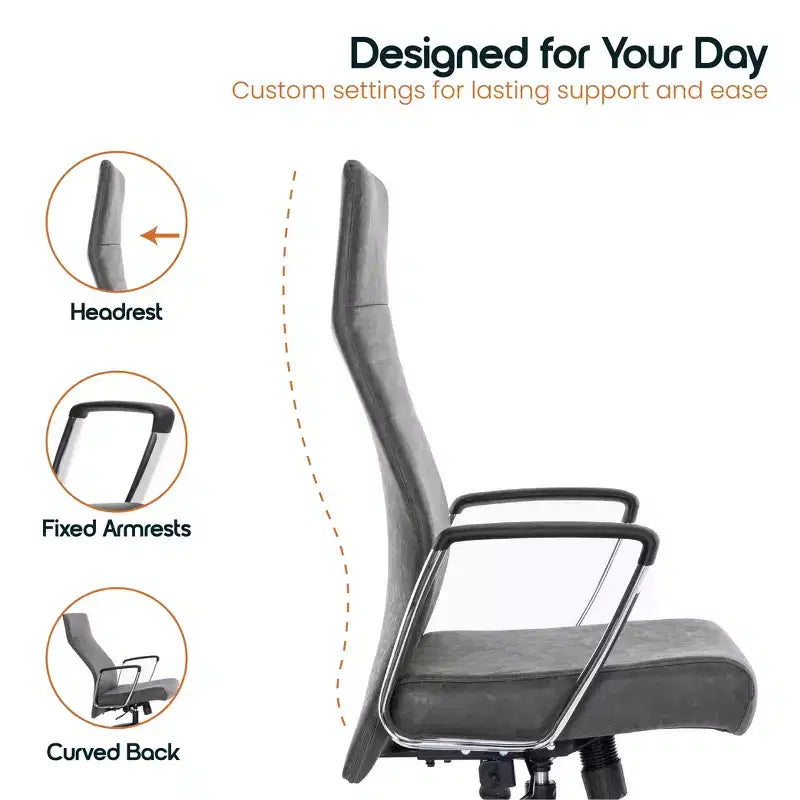 Chaise de bureau LeisureMod Hilton dossier haut en cuir nervuré - Cadre en acier robuste pivotant et inclinable - Chaise de bureau de direction moderne