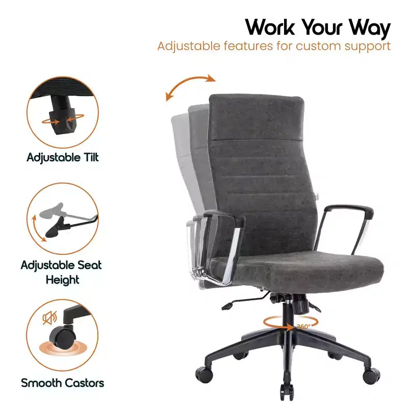 Chaise de bureau LeisureMod Hilton dossier haut en cuir nervuré - Cadre en acier robuste pivotant et inclinable - Chaise de bureau de direction moderne