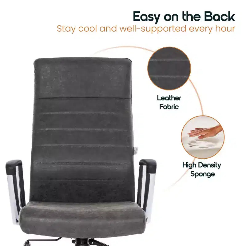 Chaise de bureau LeisureMod Hilton dossier haut en cuir nervuré - Cadre en acier robuste pivotant et inclinable - Chaise de bureau de direction moderne