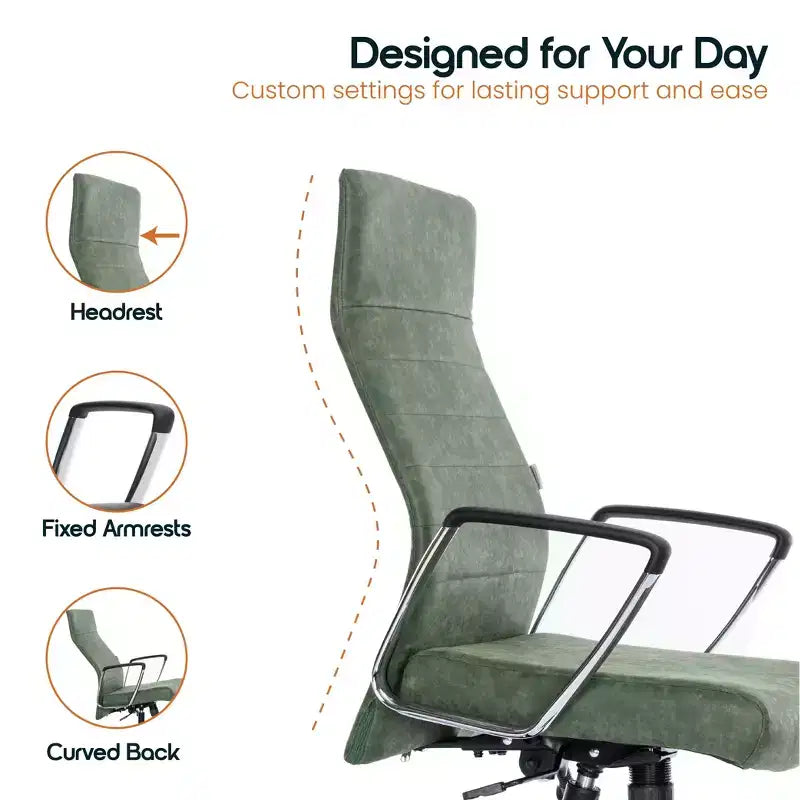 Chaise de bureau LeisureMod Hilton dossier haut en cuir nervuré - Cadre en acier robuste pivotant et inclinable - Chaise de bureau de direction moderne