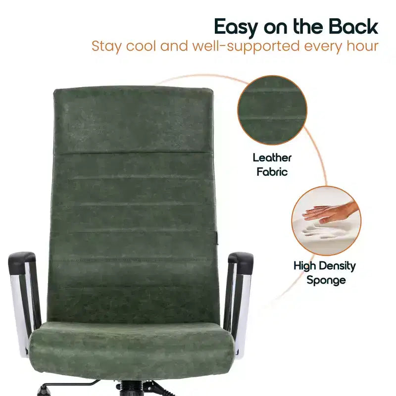 Chaise de bureau LeisureMod Hilton dossier haut en cuir nervuré - Cadre en acier robuste pivotant et inclinable - Chaise de bureau de direction moderne