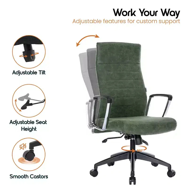 Chaise de bureau LeisureMod Hilton dossier haut en cuir nervuré - Cadre en acier robuste pivotant et inclinable - Chaise de bureau de direction moderne