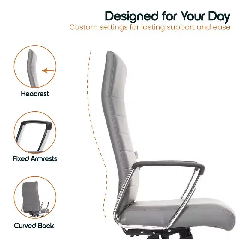 Chaise de bureau LeisureMod Hilton dossier haut en cuir nervuré - Cadre en acier robuste pivotant et inclinable - Chaise de bureau de direction moderne