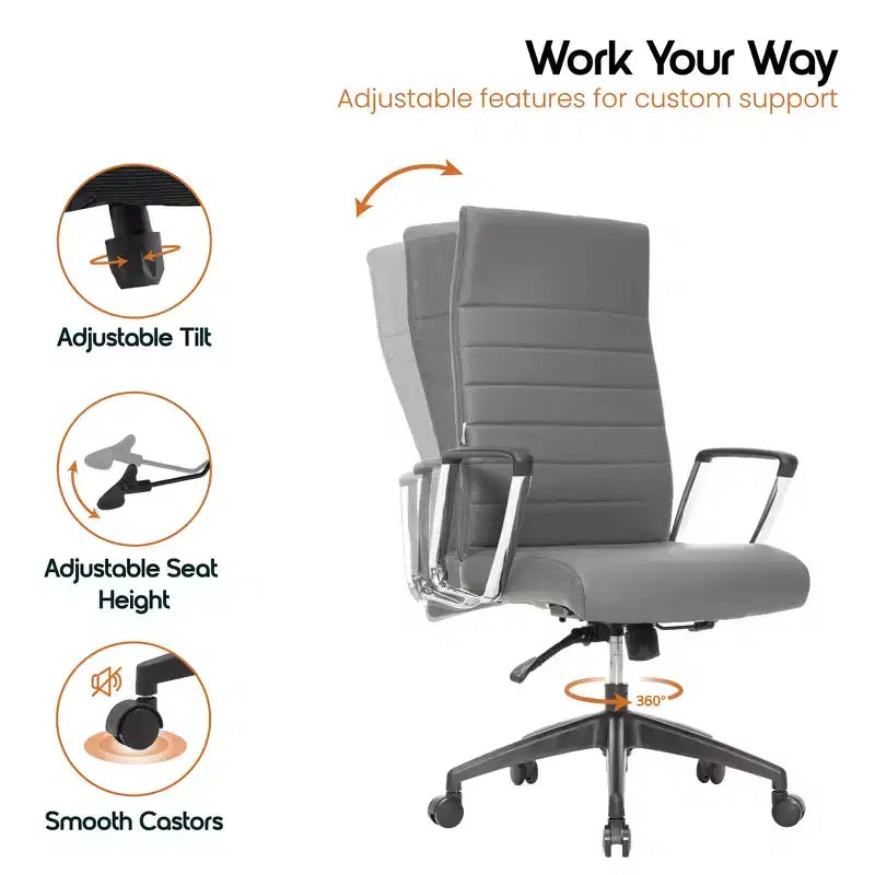 Chaise de bureau LeisureMod Hilton dossier haut en cuir nervuré - Cadre en acier robuste pivotant et inclinable - Chaise de bureau de direction moderne