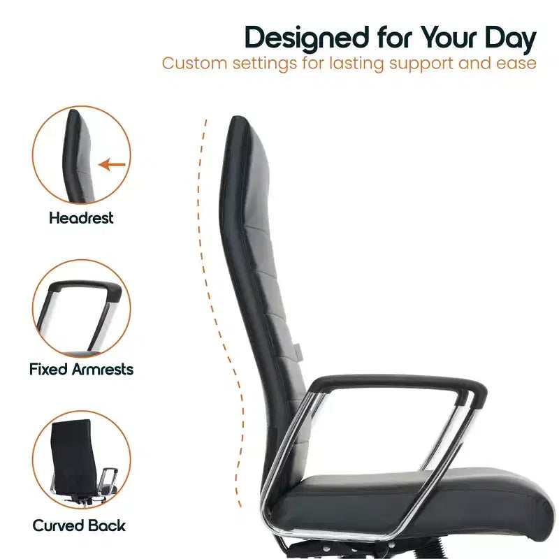 Chaise de bureau LeisureMod Hilton dossier haut en cuir nervuré - Cadre en acier robuste pivotant et inclinable - Chaise de bureau de direction moderne