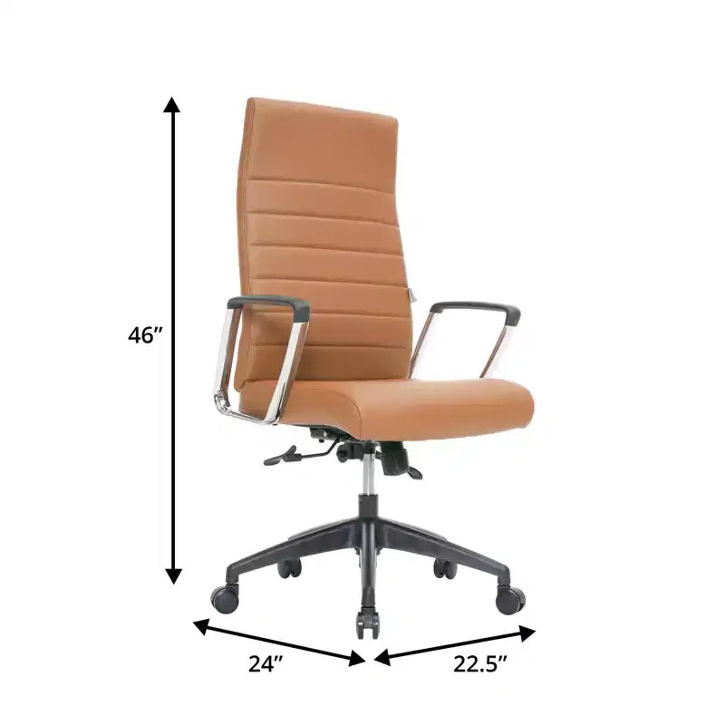 Chaise de bureau LeisureMod Hilton dossier haut en cuir nervuré - Cadre en acier robuste pivotant et inclinable - Chaise de bureau de direction moderne