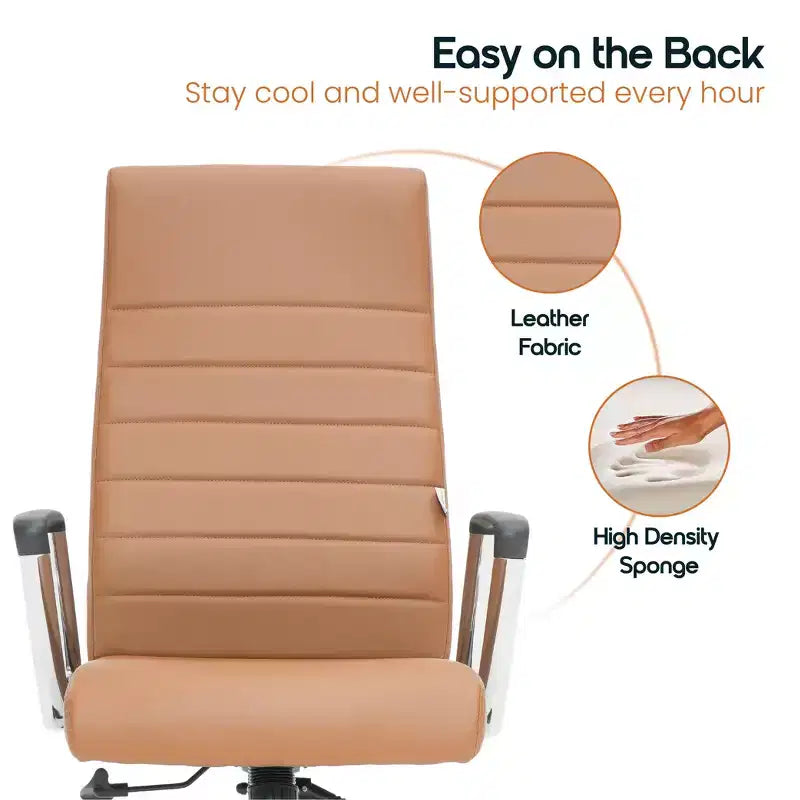 Chaise de bureau LeisureMod Hilton dossier haut en cuir nervuré - Cadre en acier robuste pivotant et inclinable - Chaise de bureau de direction moderne