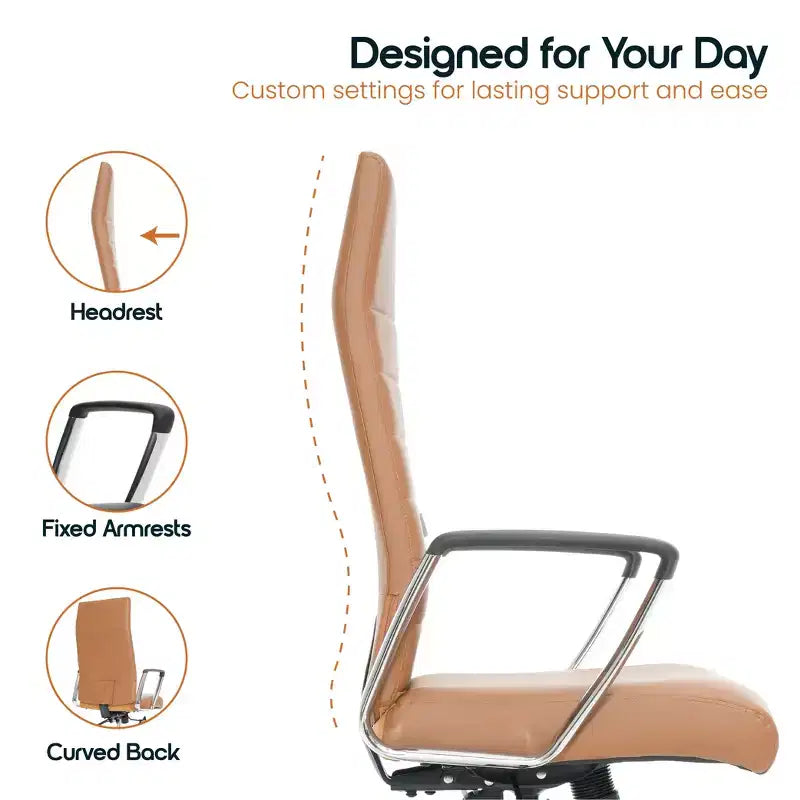 Chaise de bureau LeisureMod Hilton dossier haut en cuir nervuré - Cadre en acier robuste pivotant et inclinable - Chaise de bureau de direction moderne