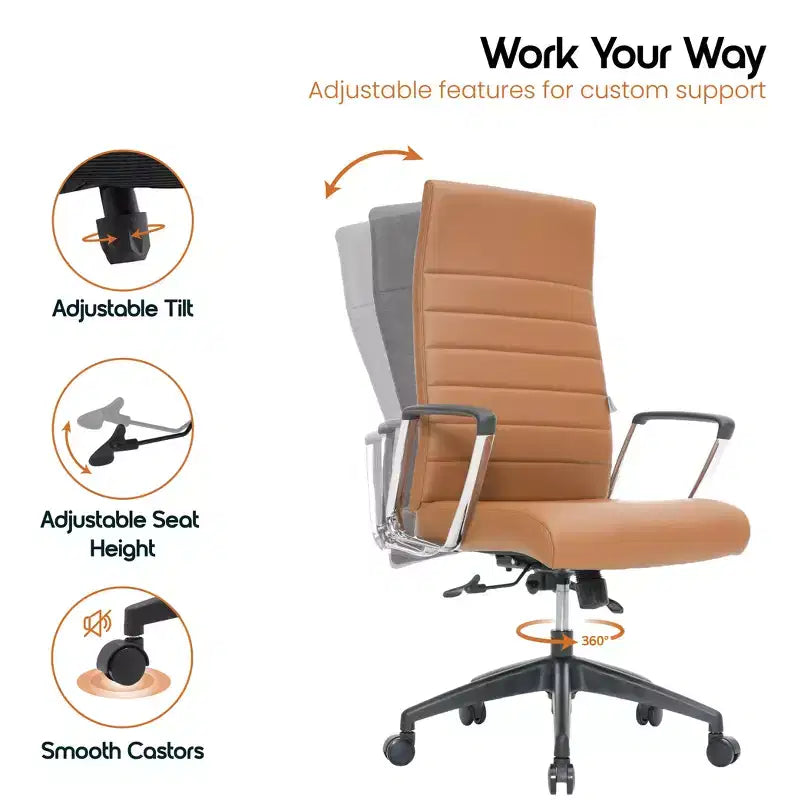 Chaise de bureau LeisureMod Hilton dossier haut en cuir nervuré - Cadre en acier robuste pivotant et inclinable - Chaise de bureau de direction moderne