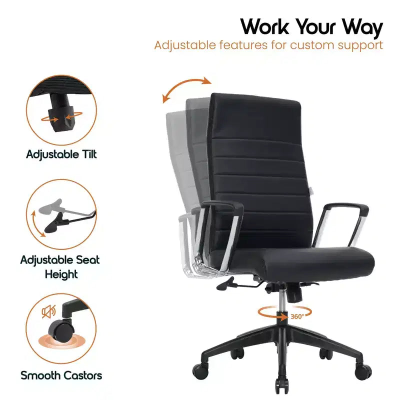 Chaise de bureau LeisureMod Hilton dossier haut en cuir nervuré - Cadre en acier robuste pivotant et inclinable - Chaise de bureau de direction moderne