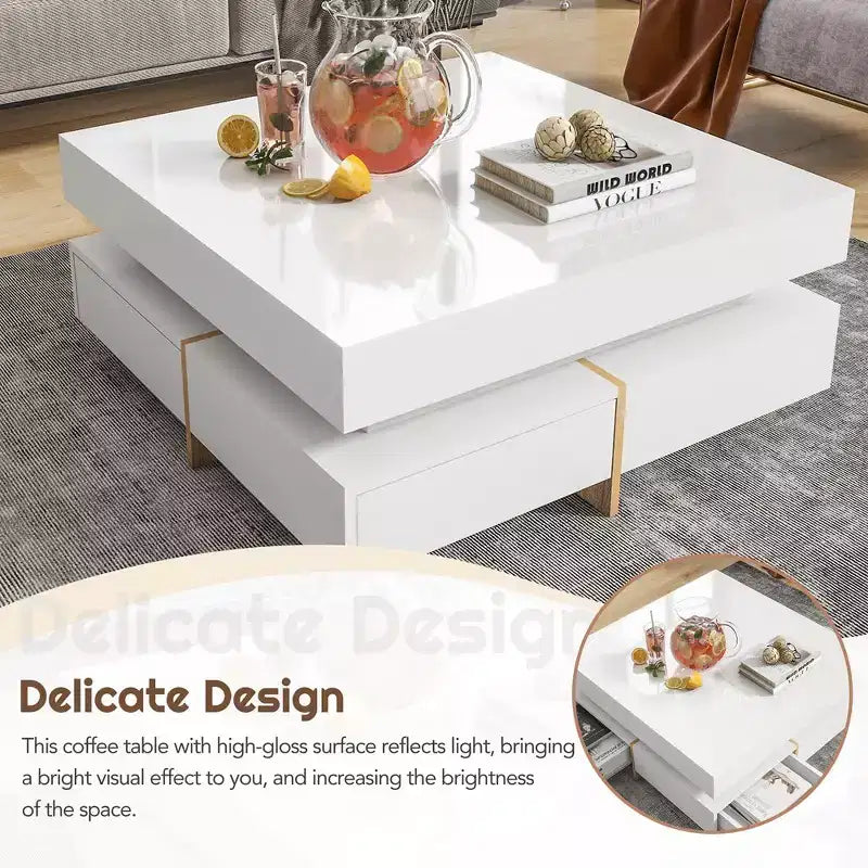 Table Basse Moderne Laquée Brillante avec 4 Tiroirs, Table Basse Carrée Multi-Rangements, Table Centrale, abstraite, blanche, 80cm, 0.8m