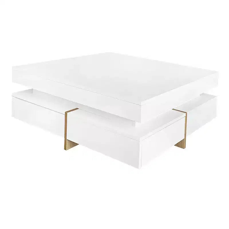 Table Basse Moderne Laquée Brillante avec 4 Tiroirs, Table Basse Carrée Multi-Rangements, Table Centrale, abstraite, blanche, 80cm, 0.8m