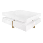 Table Basse Moderne Laquée Brillante avec 4 Tiroirs, Table Basse Carrée Multi-Rangements, Table Centrale, abstraite, blanche, 80cm, 0.8m